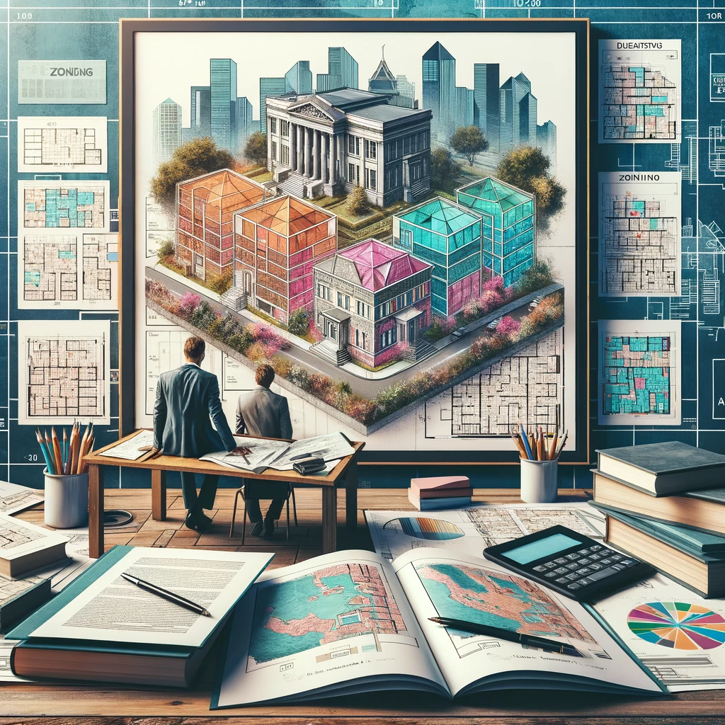 Individuals consulting zoning maps and ADU blueprints amidst a backdrop of municipal buildings, highlighting the detailed process of ADU regulation navigation and compliance. All Inclusive ADU