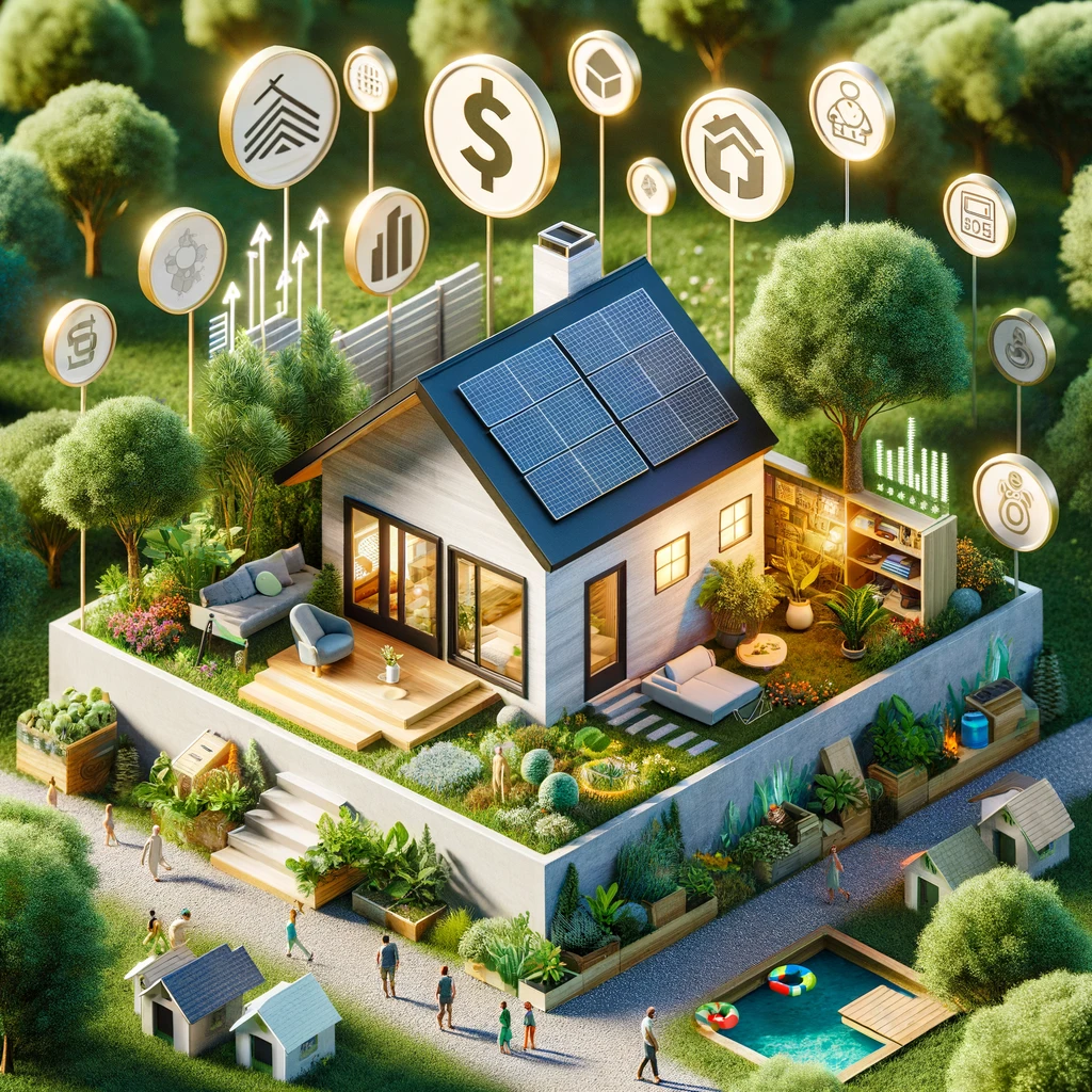 Modern ADU surrounded by greenery, featuring solar panels and sustainable design, symbolizing financial benefits, energy efficiency, and community integration for property enhancement. All Inclusive ADU