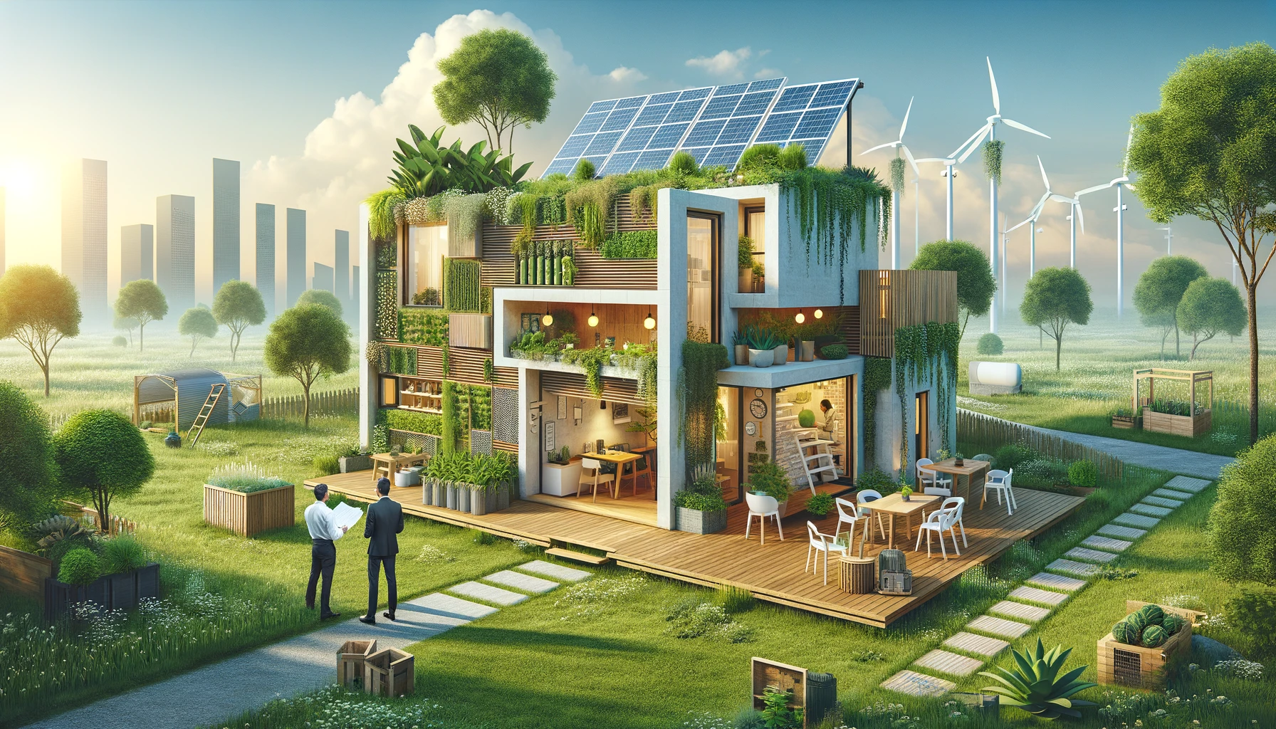 Eco-friendly modern ADU with solar panels and green walls, people discussing sustainable development plans, surrounded by wind turbines and a verdant garden, under a clear blue sky, embodying a vision for a sustainable future. All Inclusive ADU
