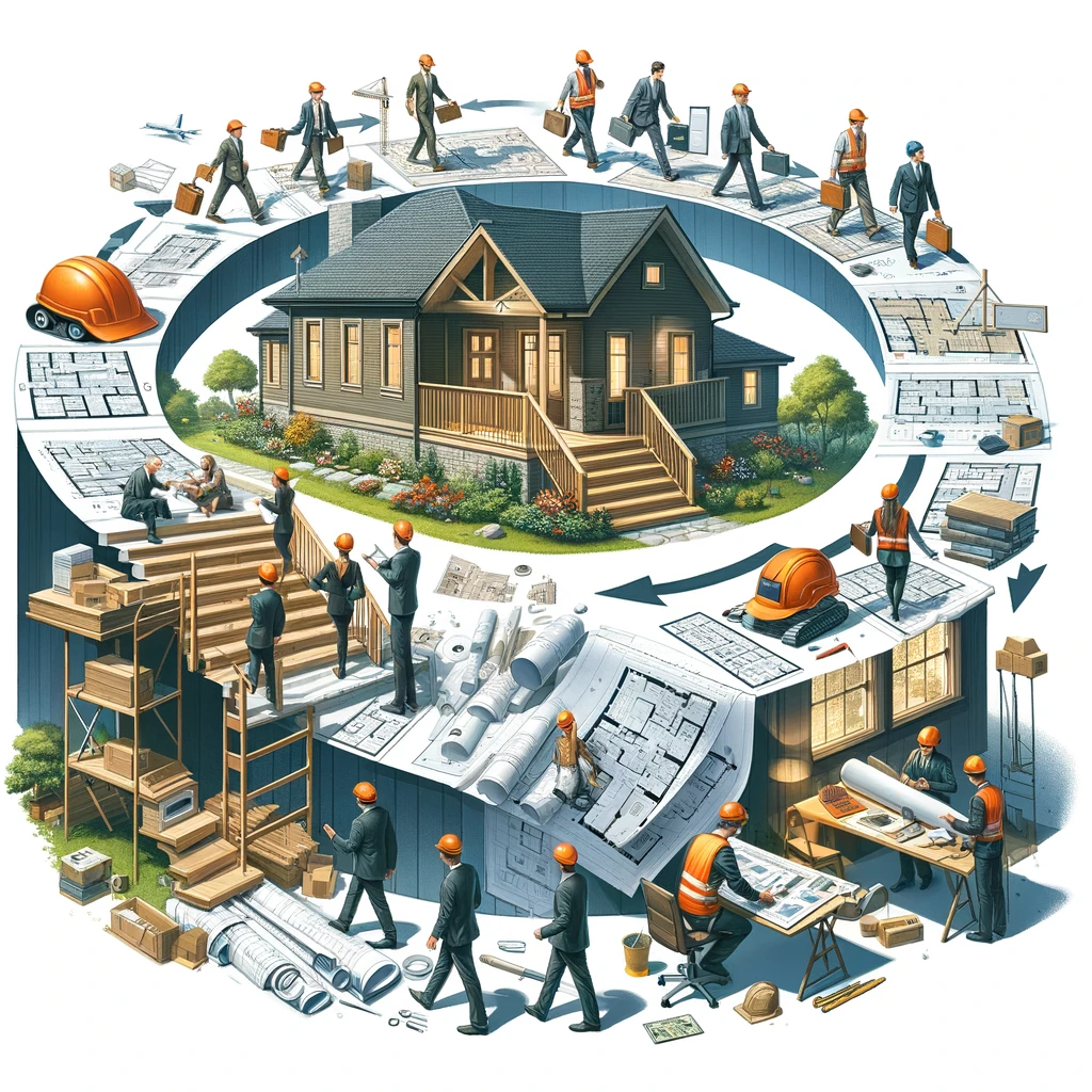 A team of professionals collaborates on an ADU project, showcasing planning, permitting, construction, and inspection stages with blueprints and a finished ADU, illustrating a streamlined and stress-free construction process. All Inclusive ADU
