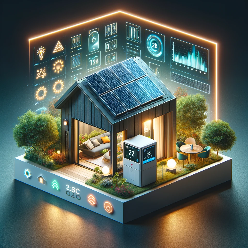 Modern ADU equipped with solar panels, high-efficiency HVAC, LED lighting, and a smart thermostat, set within a lush eco-friendly garden, symbolizing innovation in energy-efficient housing.